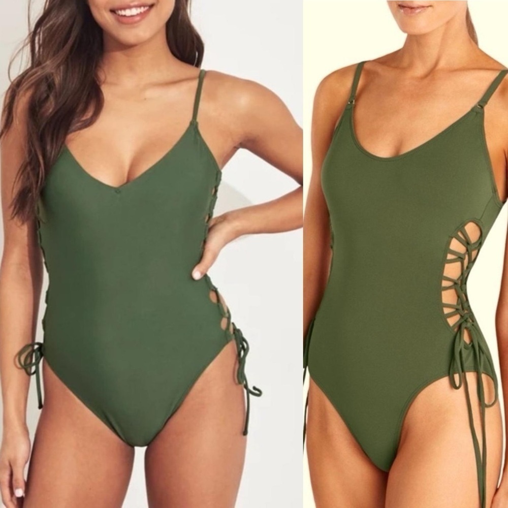 HOLLISTER One Piece Bathing Suit XL Olive Green Sage Lace Up Side Sexy Beach